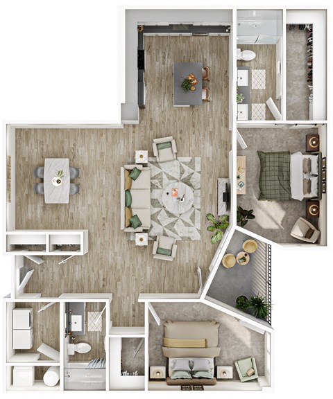 Floor plan for 2 beds, 2 baths, 1405 sqft